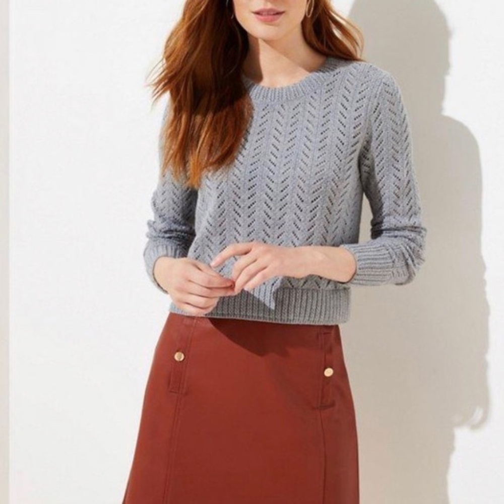 LOFT Chevron Cropped Sweater in Flint Gray Heather, Size S
